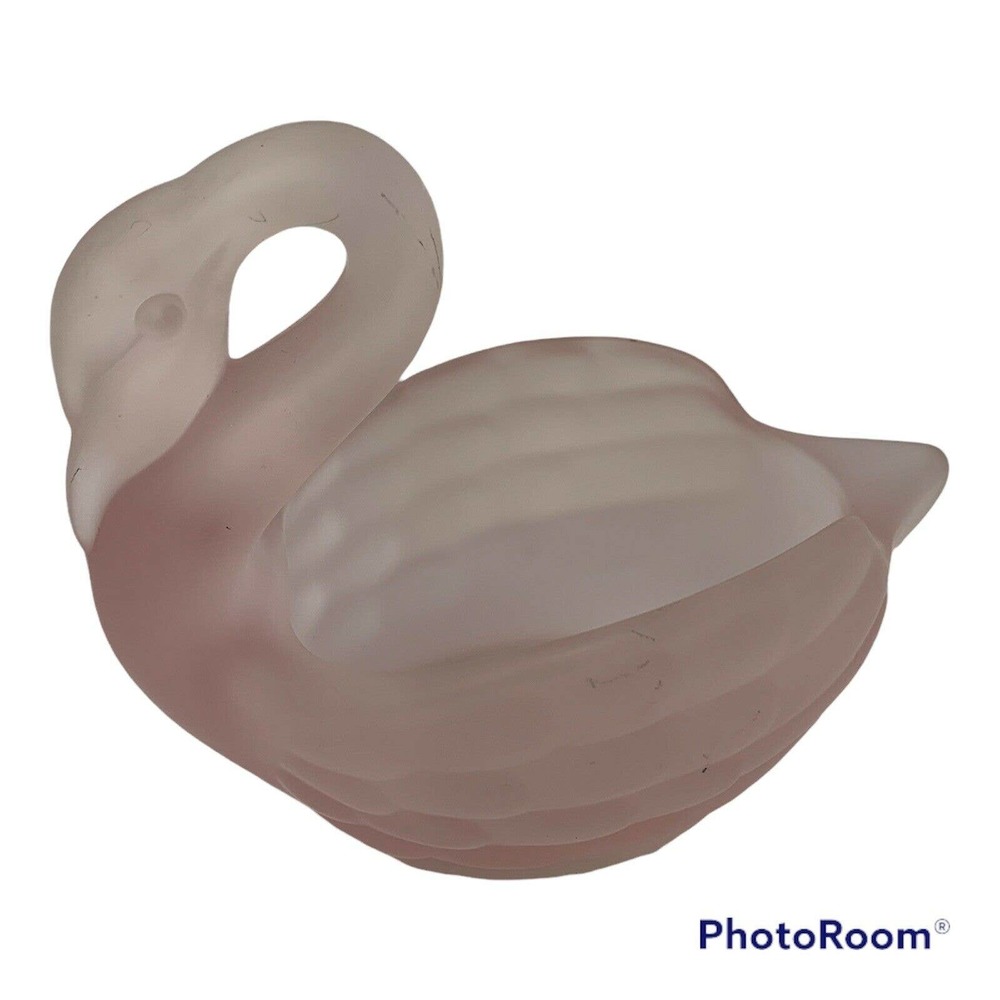 Vintage Viking Glass Pink Satin Frosted Open Swan Candy Dish Hand Made